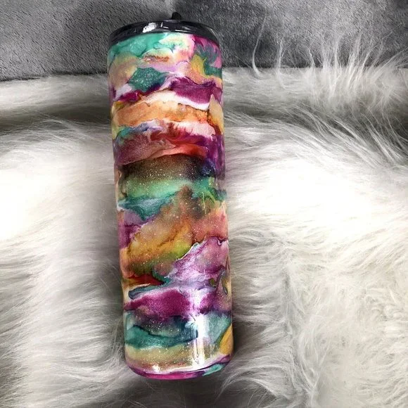 20 Ounce Tumbler Hand-Painted Pinks Pearl Teal Yellow Lid And Straw - Picture 7 of 16